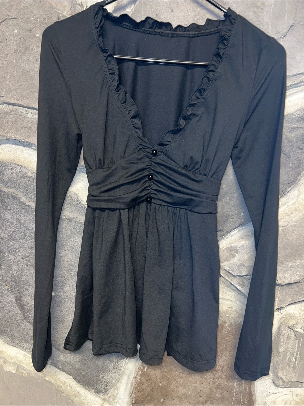Black Long-Sleeve Ruffle V-Neck Women’s Top